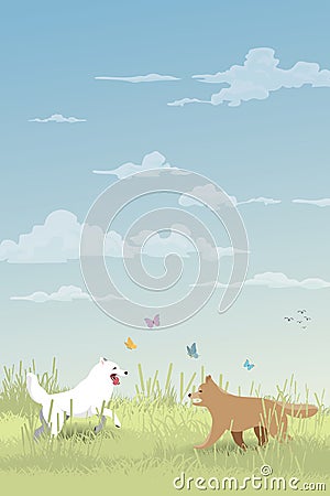 Both of dogs playing together on grass field in spring season flat design vector illustration. Dog unleashed in dog park Vector Illustration