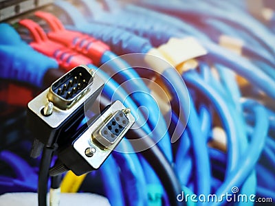 Both end of a VGA Cable (Male and Female) having nine pins Stock Photo