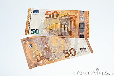 Both sides of a fifty euro banknotes on a white background Stock Photo