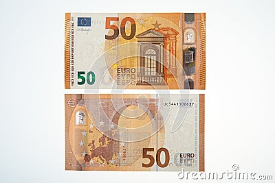 Both sides of a fifty euro banknotes on a white background Stock Photo