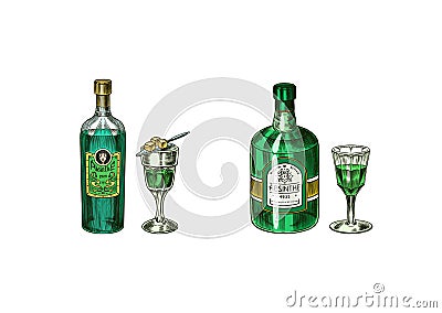 Bottle of Absinthe Glass shot. Woman holding a toast drink. Pot Swan necked copper stills distillery for making alcohol Vector Illustration