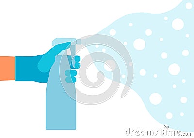 Bottle of antiseptic spray, liquid antibacterial particles. Hand in glove spraying of aerosol. Kills bacteria, coronavirus Vector Illustration