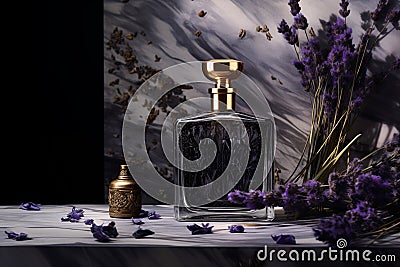 Bottle of aroma perfume with lilac. Generative AI Stock Photo