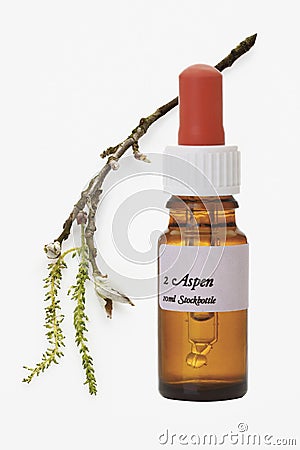 Bottle with Bach Flower Stock Remedy, Aspen (Populus) Stock Photo