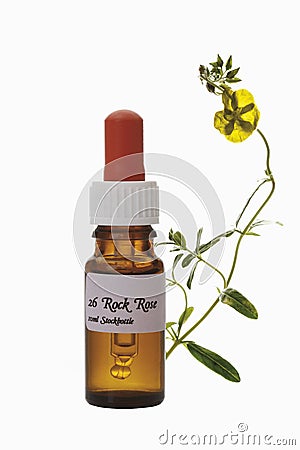 Bottle with Bach Flower Stock Remedy, Rock rose (Cistaceae) Stock Photo