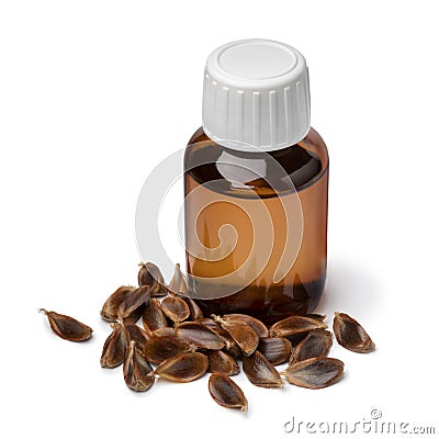 Bottle beechnut oil and a heap of beechnuts on white background Stock Photo