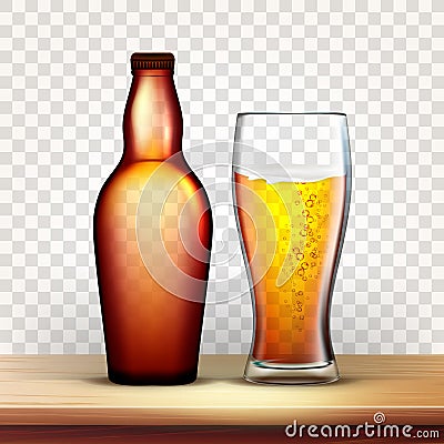 Bottle Of Beer And Glass With Frothy Drink Vector Vector Illustration