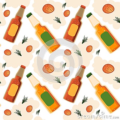 Bottle of beer and sausage piece seamless pattern Vector Illustration