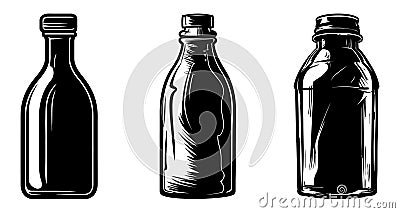 Bottle black icon. Set of drawing bottle silhouettes isolated Vector Illustration