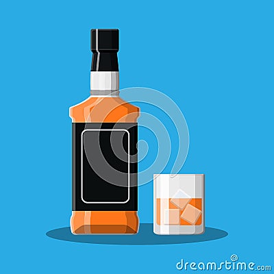 Bottle of bourbon whiskey and glass with ice. Vector Illustration