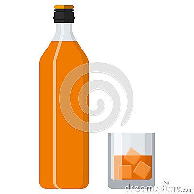 Bottle of bourbon whiskey and glass with ice. Vector Illustration