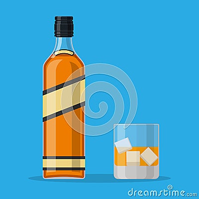 Bottle of bourbon whiskey and glass with ice. Vector Illustration