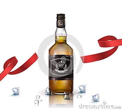 Bottle of brandy, bourbon, whiskey, cognac with red ribbon, isolated on white. Poster or brochure template. Vector Illustration