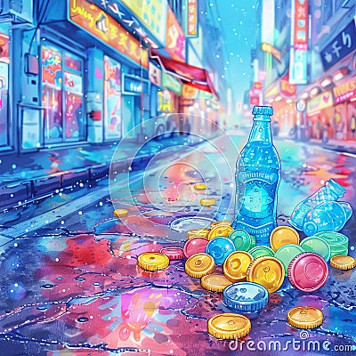 Bottle caps scatter under neon signs in a digital representation of environmental calamity Cartoon Illustration