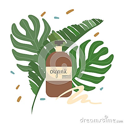 Bottle of certified organic natural cosmetics for skincare and bodycare Vector Illustration