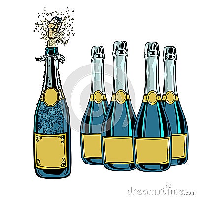 Bottle of champagne. Celebration holiday greetings. New year and Vector Illustration