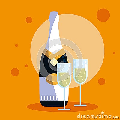 Bottle of champagne with cups Vector Illustration