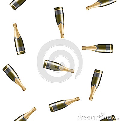 A bottle of champagne 3d reaistic vector icon. Champagne symbol of the holiday seamless pattern on a white background Vector Illustration