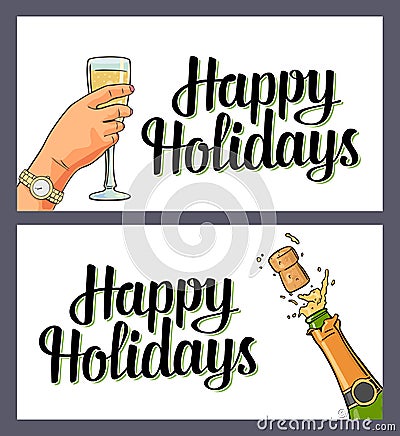 Bottle of Champagne explosion and hand hold glass. Vector Illustration