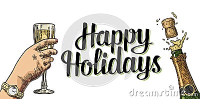 Bottle of Champagne explosion and hand hold glass. Vector Illustration
