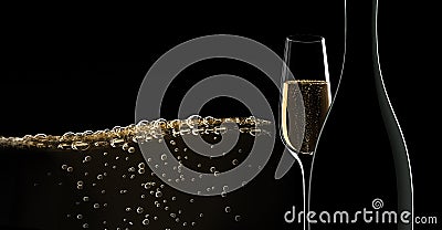 A bottle of champagne with a glass Cartoon Illustration