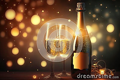 Bottle of champagne with glasses bokeh sparks background, festive drink, celebration, party Stock Photo