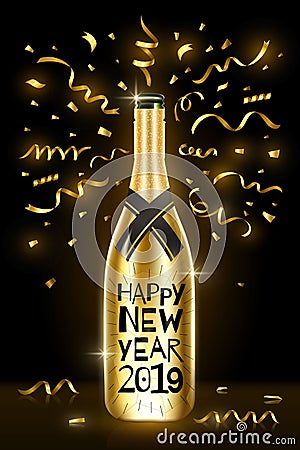 Bottle of champagne. Happy New Year 2019 greeting card. Winter holidays. Vector Illustration EPS10. Vector Illustration