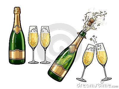 Bottle of champagne and pair of glasses in cartoon style. Hand drawn vector illustration Cartoon Illustration