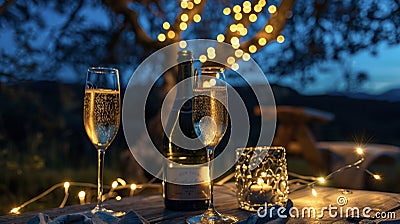 A bottle of chilled champagne to toast to the beauty of the night sky and the company of loved ones Stock Photo