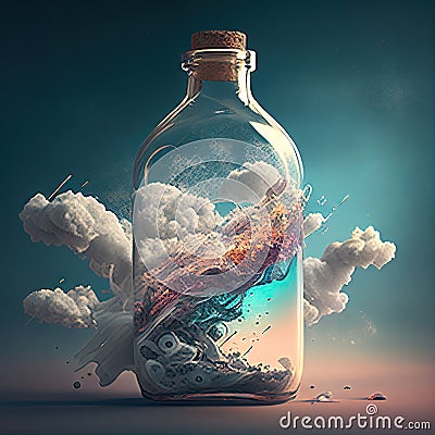 Bottle with Clouds and Lightning, Jar with Colored Clouds, Generative AI Illustration Stock Photo