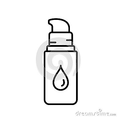 Bottle of concealer or moisturizer. Linear icon of vial with dispenser, drop of cream. Black illustration of makeup products for Vector Illustration