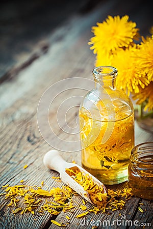 Bottle of dandelion tincture or oil, flower bunch and honey Stock Photo