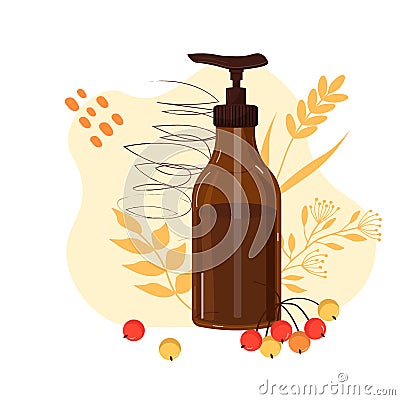 Bottle with dispenser for care. Cosmetology and hygiene. Hand and shower gel, shampoo, liquid soap - berries and herbs. Vector Illustration