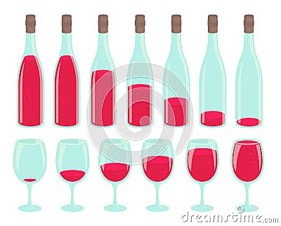 Bottle drinking process. Different amount of beverage. Set of glasses with red drink. Small to large. Animation Vector Illustration