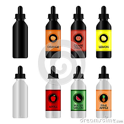 Bottle with E-liquid for Vape. Set of realistic bottles mock-up with tastes for an electronic cigarette with different flavors. Vector Illustration