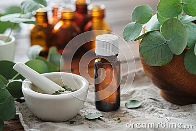 Bottle of eucalyptus oil, mortar and wooden bowl of green eucalyptus leaves. Tincture and oil bottles on background Stock Photo