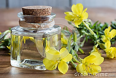 A bottle of evening primrose oil with evening primrose flowers Stock Photo