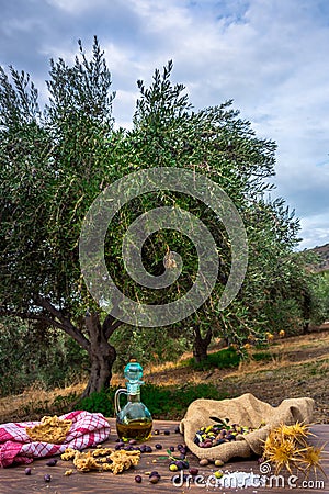 Bottle with extra virgin olive oil, olives, a fresh branch of olive tree and cretan rusk dakos close up on wooden table. Stock Photo