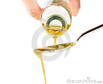 Bottle of extra virgin olive oil pouring over a spoon isolated on white background Stock Photo