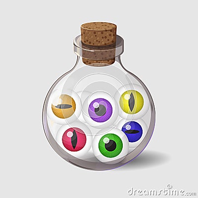 Bottle with eyes. Game icon of magic ingredient in cartoon style. Bright design for app user interface. Life, love Vector Illustration