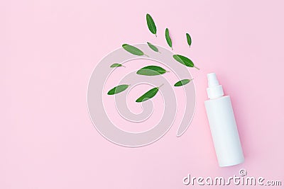 Bottle of facial moisturizing toner or hair spray with and green herbal leaves isolated on pastel pink background, flay layout, t Stock Photo