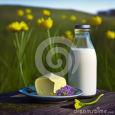 Bottle of fresh tasty milk and yellow appetizing piece of cheese on natural background of flowers and meadow, Stock Photo