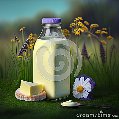 Bottle of fresh tasty milk and yellow appetizing piece of cheese on natural background of flowers and meadow, Stock Photo