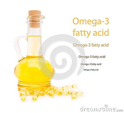 Bottle and gelatinous capsules with the omega3 Stock Photo