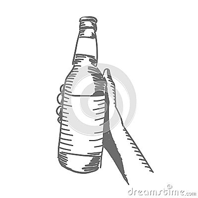 Bottle in a girl female hand. Glass bottle with a label. Sketch hand drawn. Hatched drawing picture. Gray pencil. Vector Vector Illustration