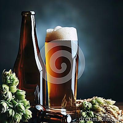 Bottle and Glass beer with Brewing ingredients. Hop flower with wheat Stock Photo