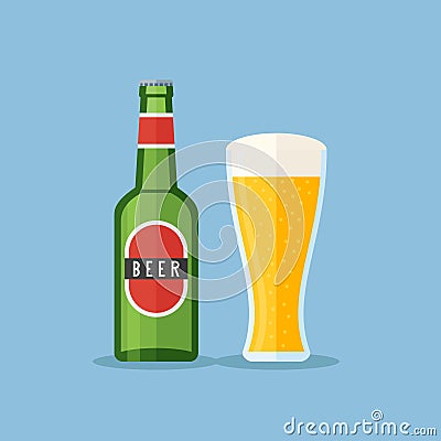 Bottle and glass with beer. Flat style vector illustration. Vector Illustration