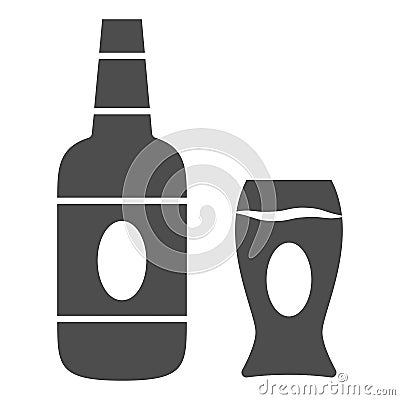 Bottle and glass of beer solid icon, Oktoberfest concept, beer sign on white background, Bottle and mug icon in glyph Vector Illustration