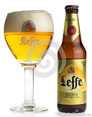 Bottle and glass of Belgian Leffe Blond beer Editorial Stock Photo