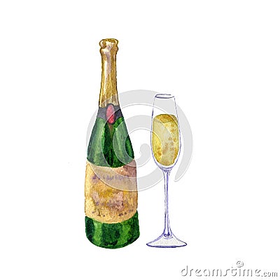 Bottle and glass of champagne Cartoon Illustration